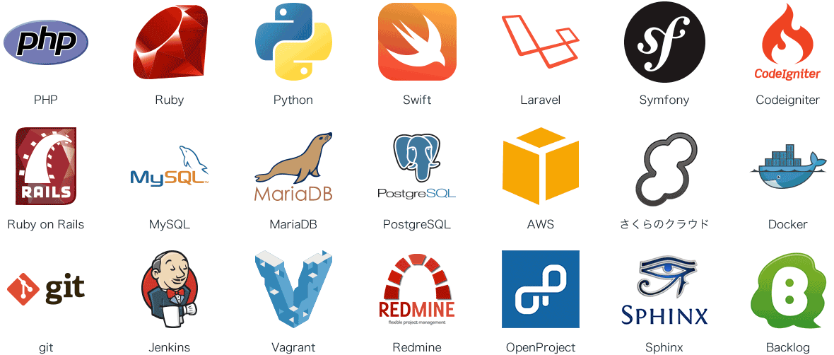 PHP Ruby Rython Swift Laravel Symfony Codeigniter Ruby on Rails MySQL MariaDB PostgreSQL AWS さくらのクラウド Docker git Jenkins Vagrant Redmine OpenProject Sphinx Backlog