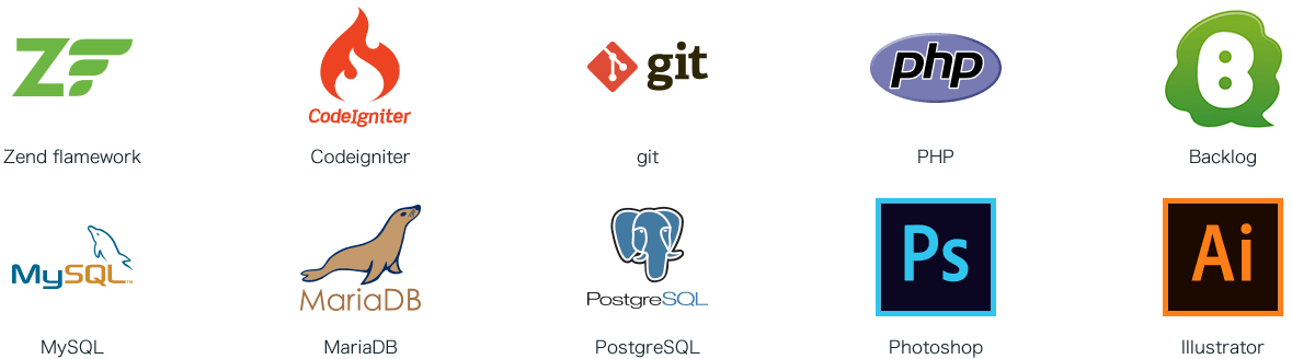 Zend flamework Codeigniter git PHP Backlog MySQL MariaDB PostgreSQL Photoshop Illusrator